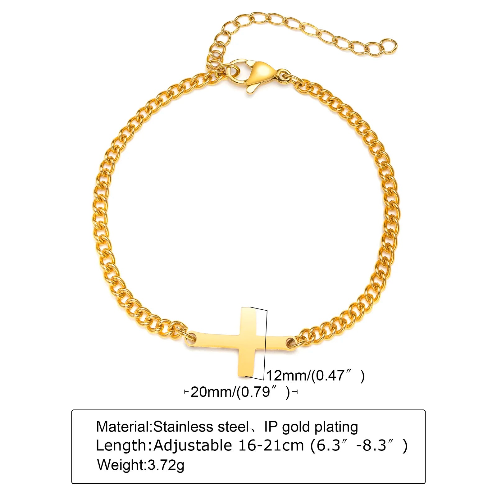 Gold chain bracelet with a cross pendant on a white background