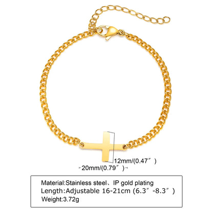 Gold chain bracelet with a cross pendant on a white background