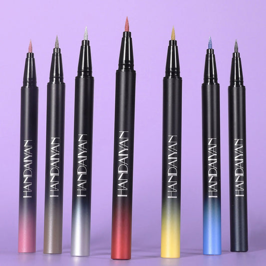 Set of black eyeliner pens with gradient colors on a purple background, featuring the brand 'HANDAIVAN'.