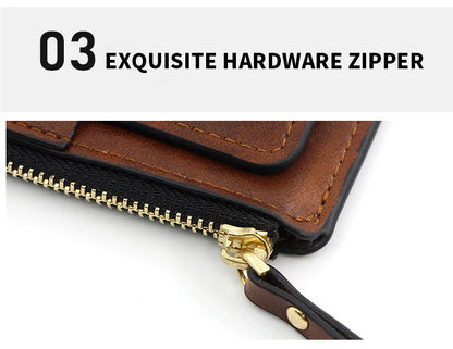 Close-up of a brown leather wallet with a gold zipper on a white background, labeled '03 Exquisite Hardware Zipper'.