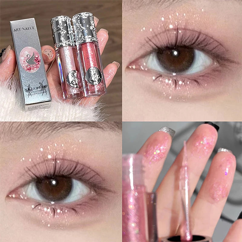 Collage of a lip gloss set with close-ups of glitter on eyes and lips.