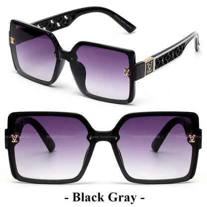 Black sunglasses with purple gradient lenses on a white background