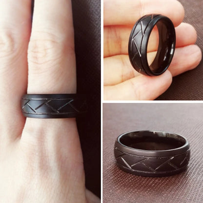 Black woven ring worn on a finger with close-up views of the ring.