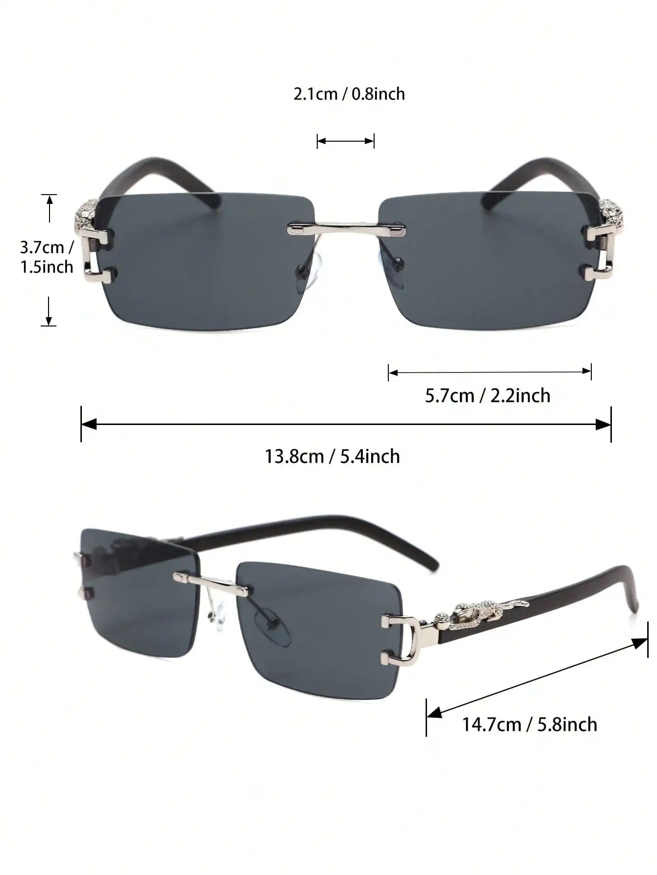 Sunglasses with dimensions labeled on a white background