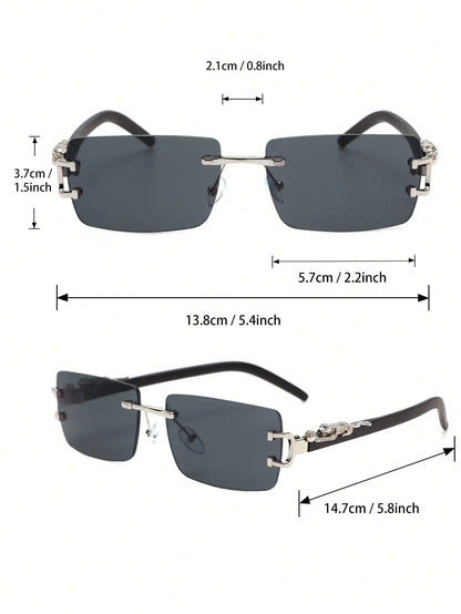 Sunglasses with dimensions labeled on a white background