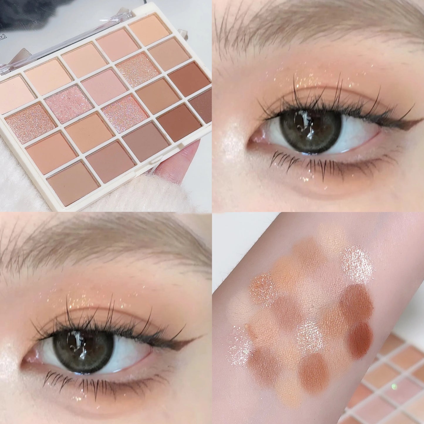 Makeup palette with eye shadows, close-up of eyes with makeup, and swatches on skin.
