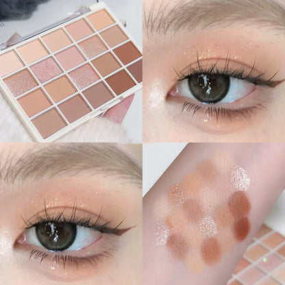 Makeup palette with eye shadows, close-up of eyes with makeup, and swatches on skin.