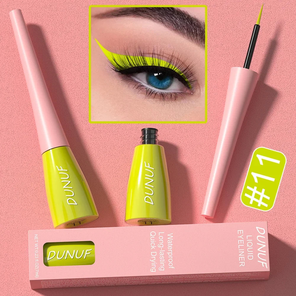 DUNUF liquid eyeliner with packaging on a pink background