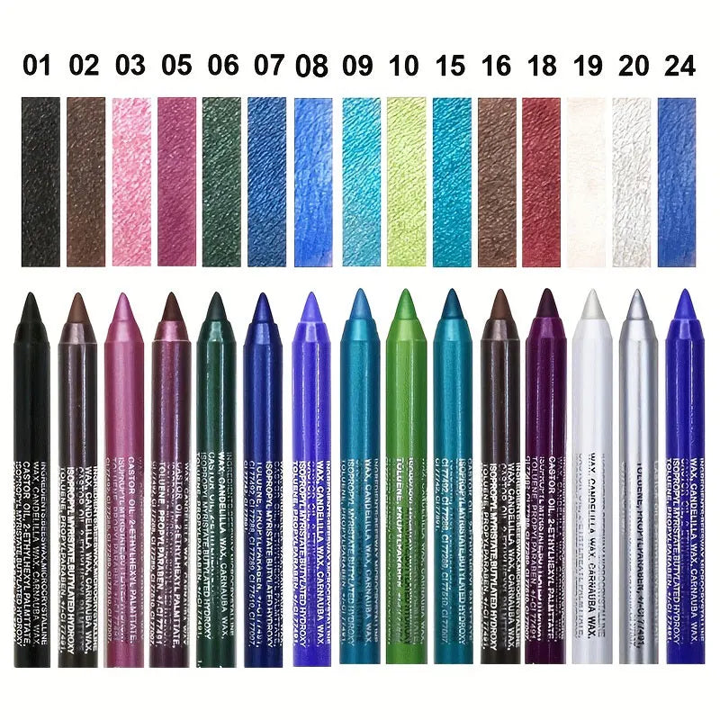 Set of makeup pencils with color swatches above them on a white background