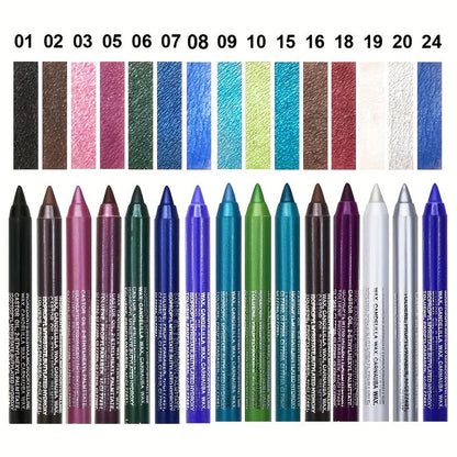 Set of makeup pencils with color swatches above them on a white background