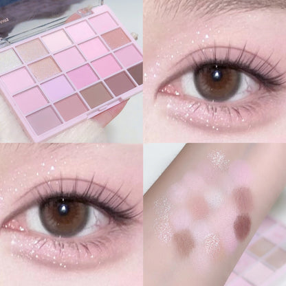 Makeup palette with eyeshadow swatches and close-ups of eyes wearing the makeup.