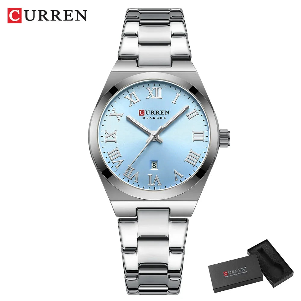 Silver Curren watch with blue face on a white background