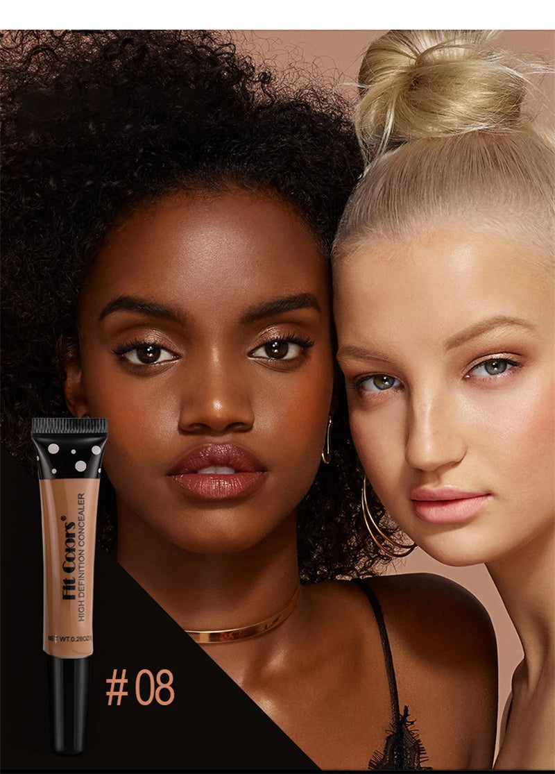 Two women with a bottle of foundation between them on a beige background