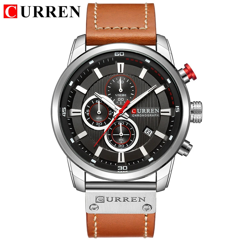 Curren watch with brown leather strap and black dial on a white background