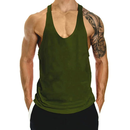 Person wearing a green tank top on a white background