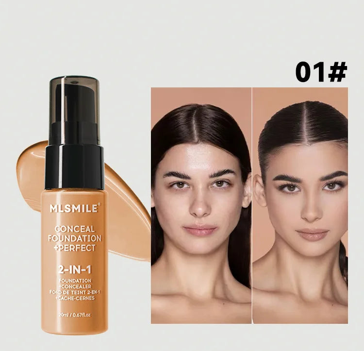 MSMILE conceal foundation and perfect product with a woman's face showing before and after application.