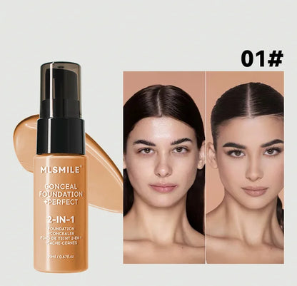 MSMILE conceal foundation and perfect product with a woman's face showing before and after application.