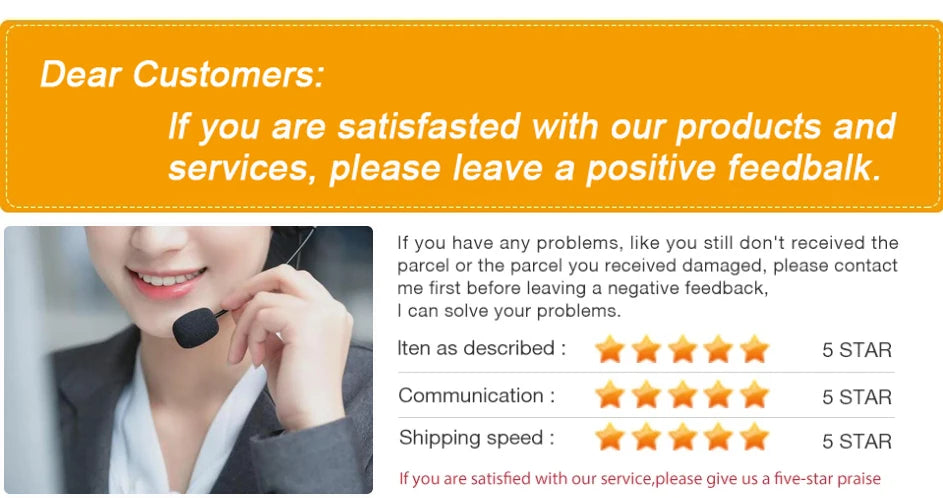 Customer service request with a smiling customer and rating system on an orange background