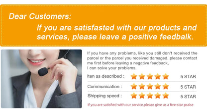 Customer service request with a smiling customer and rating system on an orange background