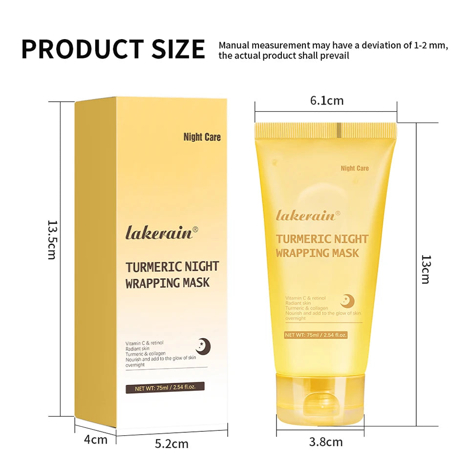 Measurement chart of Lakerain Turmeric Night Wrapping Mask packaging and product dimensions.