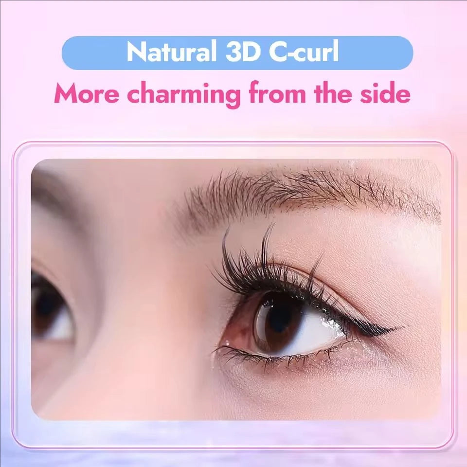 Close-up of an eye with long, thick eyelashes labeled 'Natural 3D C-curl' on a pink background.