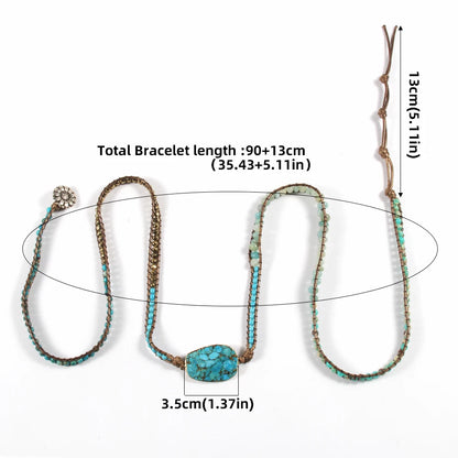 Bracelet with turquoise stone and measurement details on a white background