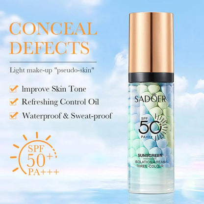 Sadoer sunscreen bottle with sky background and product features listed