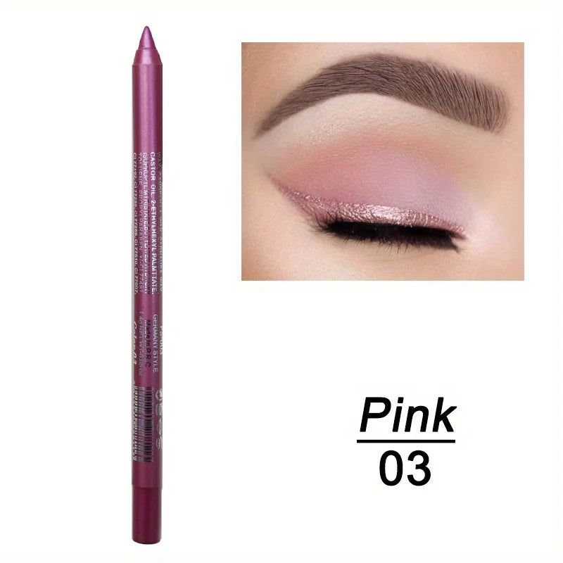 Pink eyeliner pencil with an eye makeup swatch on a white background