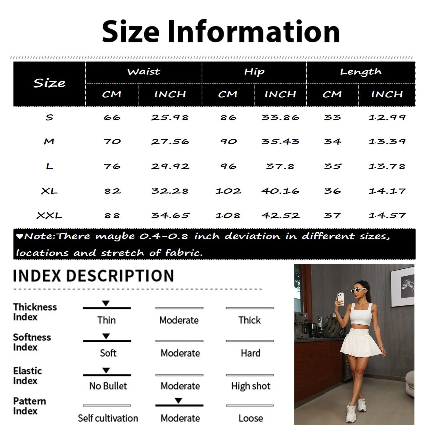 Size chart and index description for clothing with a person wearing a white outfit.