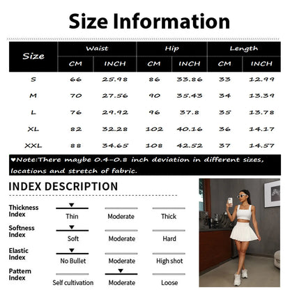 Size chart and index description for clothing with a person wearing a white outfit.