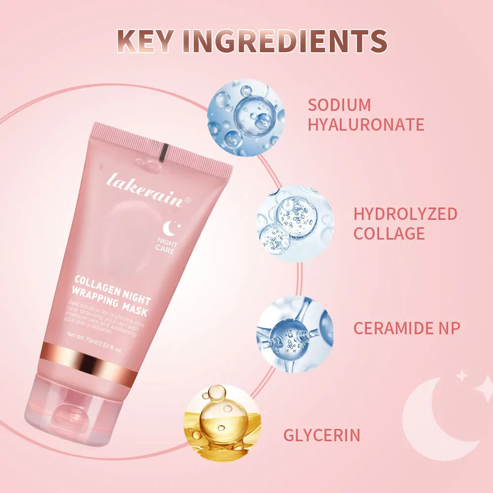 Lakmeint Collagen Night Wrapping Mask with key ingredients on a pink background