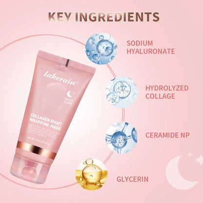 Lakmeint Collagen Night Wrapping Mask with key ingredients on a pink background
