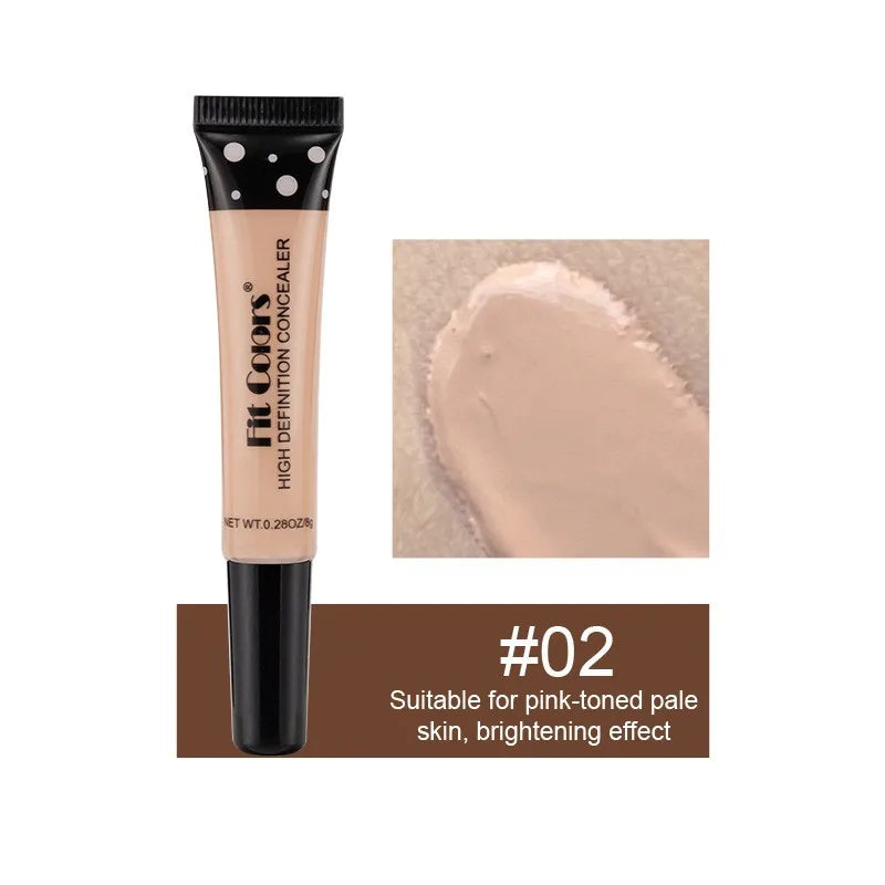 Concealer tube with swatch and description on a white background