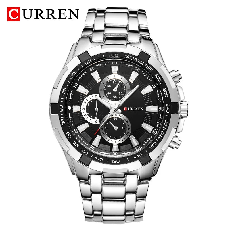 Curren watch with black face and silver metal strap on a white background
