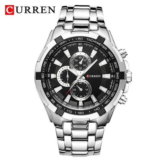 Curren watch with black face and silver metal strap on a white background