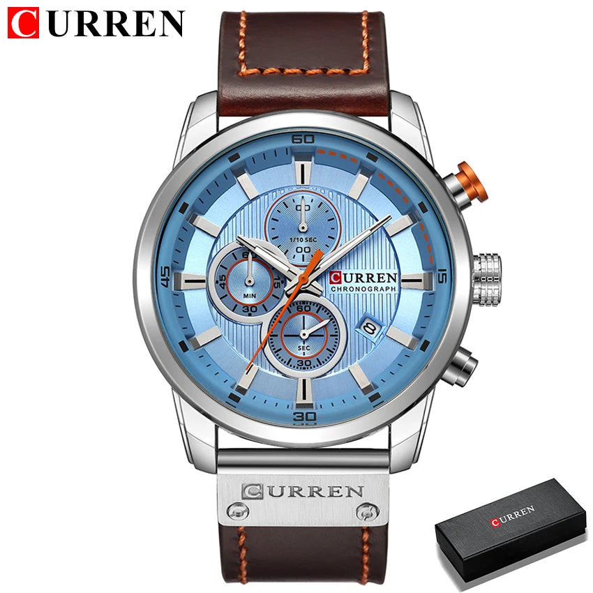 Curren watch with brown leather strap and blue face on a white background