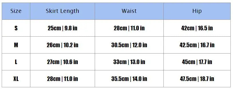 Skirt size chart with measurements for skirt length, waist, and hip.