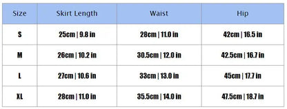 Skirt size chart with measurements for skirt length, waist, and hip.