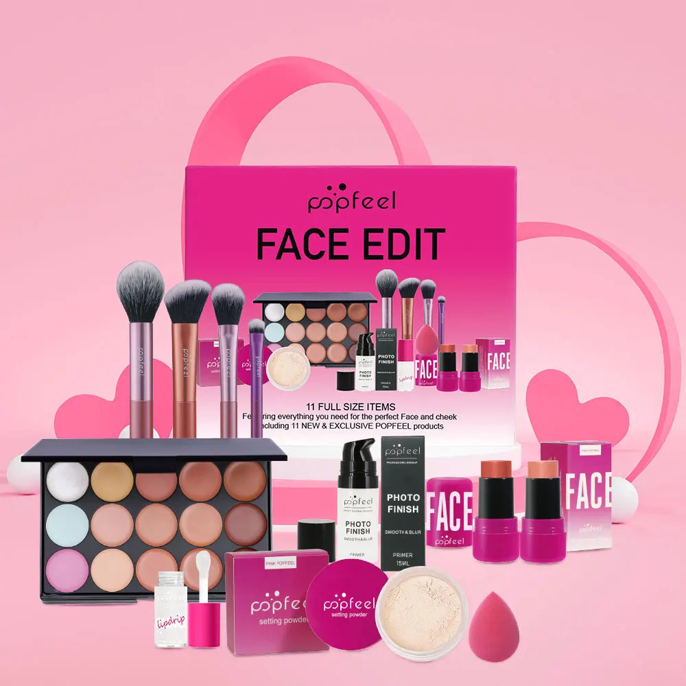 Makeup set with various products and a pink 'popfeel' bag on a pink background