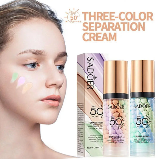 Sadoer sunscreen with three-color separation cream packaging and a model with color samples on face.