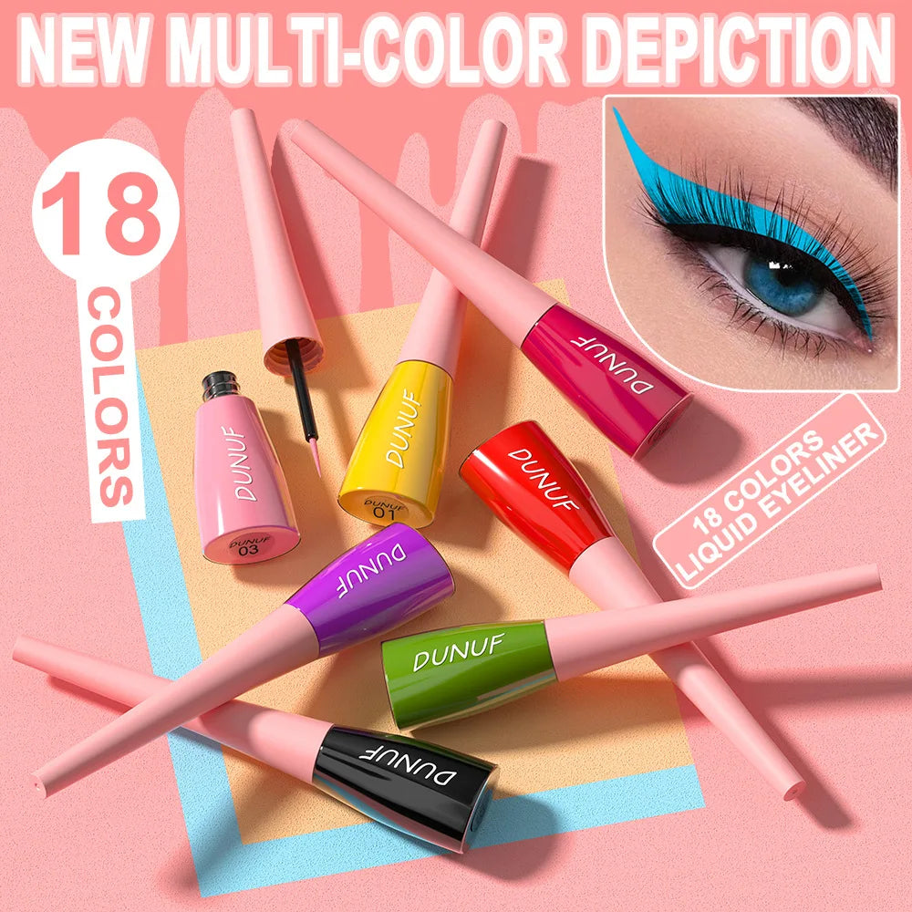 Dunuf liquid eyeliner set with colorful applicators on a pink background, featuring an eye with blue eyeliner.