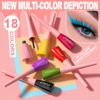 Dunuf liquid eyeliner set with colorful applicators on a pink background, featuring an eye with blue eyeliner.