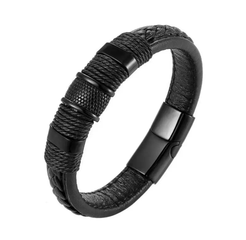 Black braided leather bracelet with a metal clasp on a white background