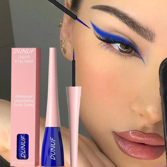 Dunuf liquid eyeliner with packaging and application on a model's eye.