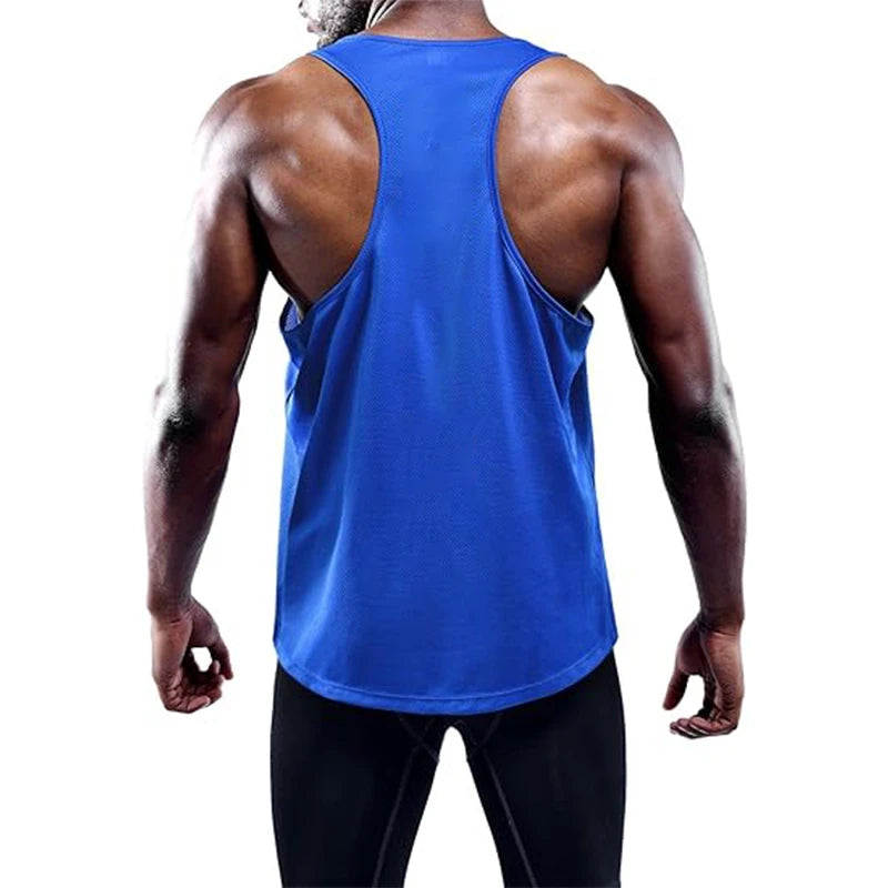 Person wearing a blue tank top on a white background