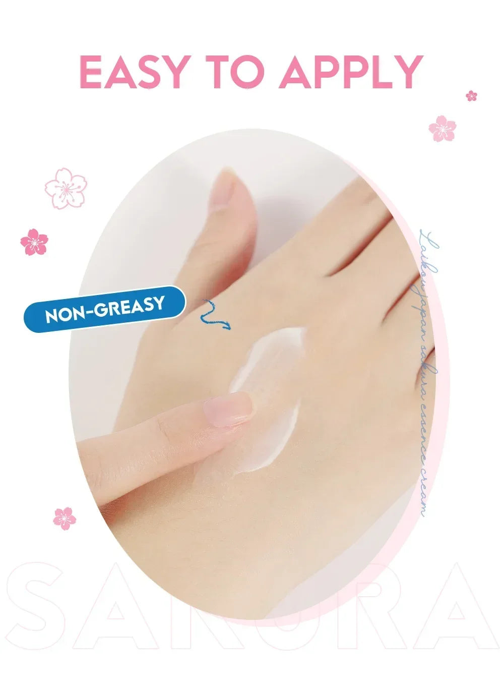 Hand applying a non-greasy cream with text on a white background