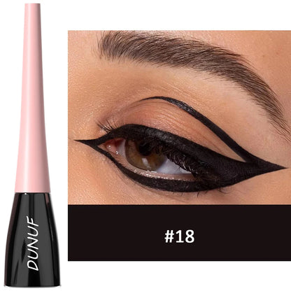 Eyeliner pencil with pink cap and black body, labeled 'DUNUF', next to a close-up of an eye with black eyeliner.