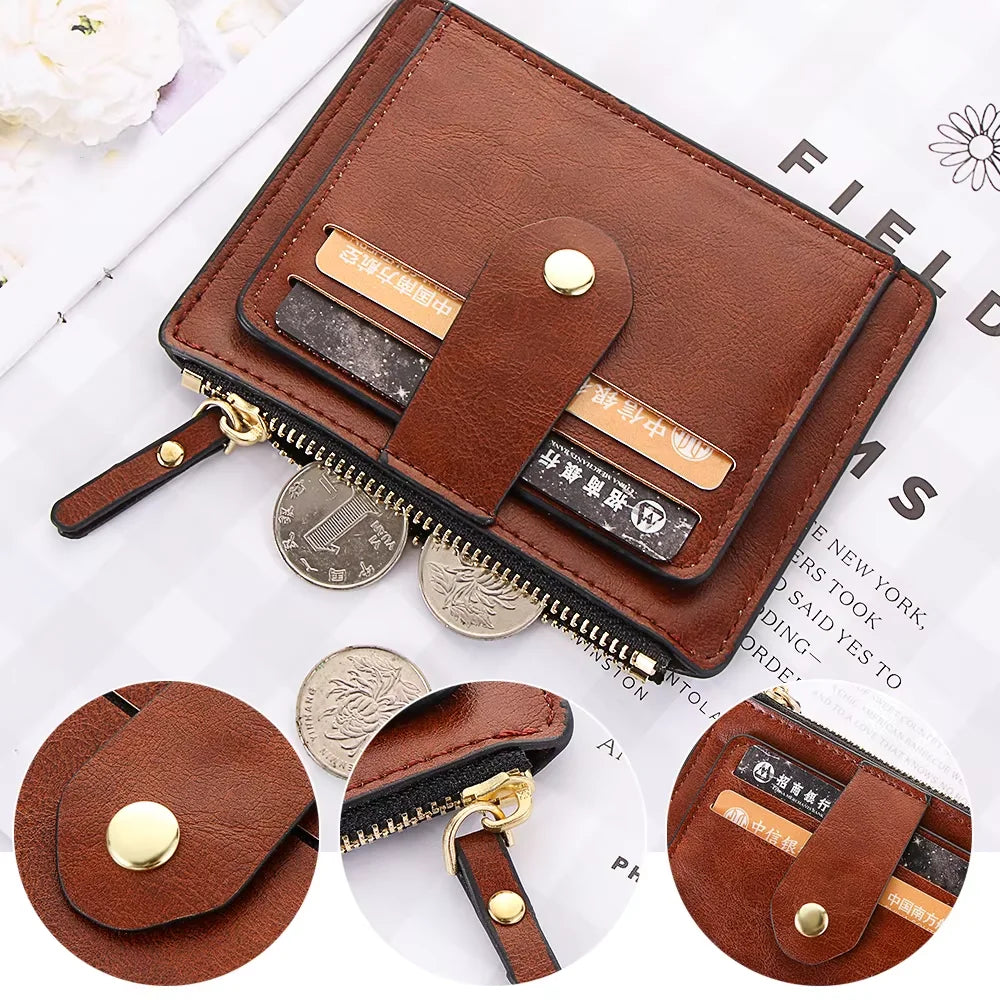 Brown leather wallet with coin pouches on a white background
