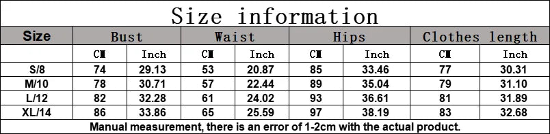 Size chart with measurements for clothing in centimeters and inches