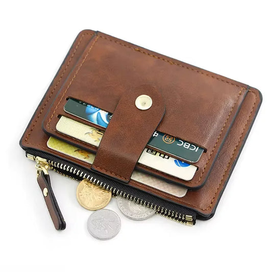 Brown leather wallet with card slots and coin pocket on a white background